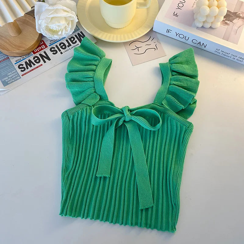 ELASTIC WAIST RUFFLE KNITED TANK TOP