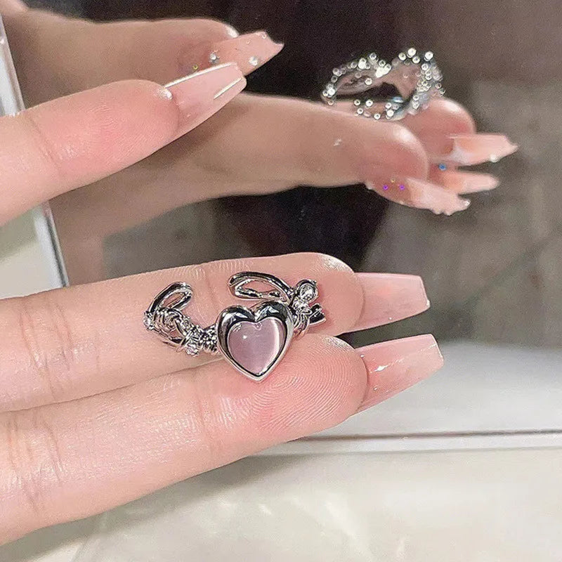 Korean Fashion Exquisite Purple Zircon Heart Star Ring Y2K Girls Pink Crystal Bow Knot Ring Women Party Dating Jewelry Gifts