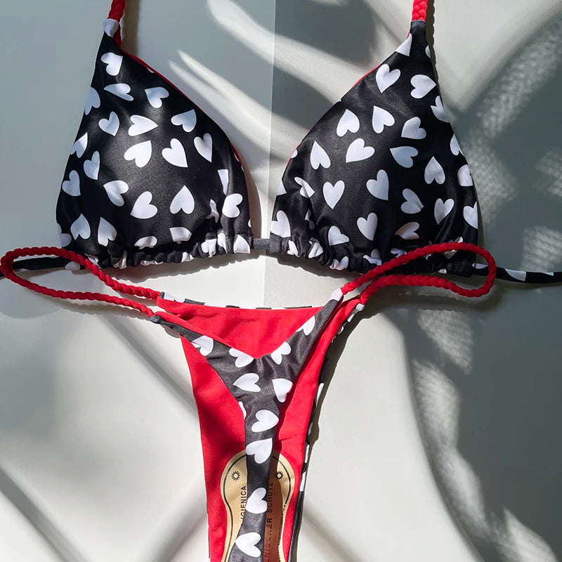 CUTE HEART PRINT THONG BIKINI