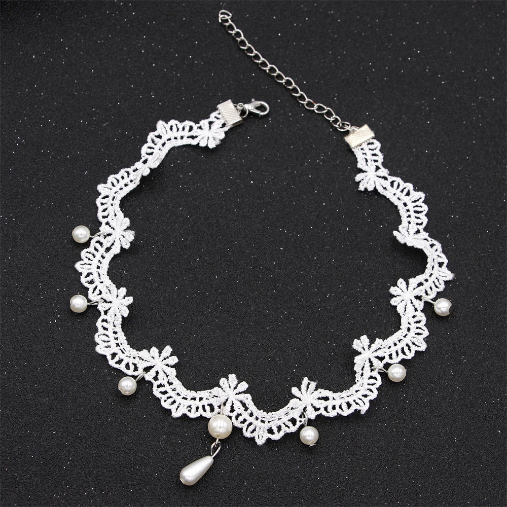 White Lace Pearl Collar Necklace For Women Girl Elegant Sweet Lace Choker Necklace Kpop Neck Jewelry Accessories Gift