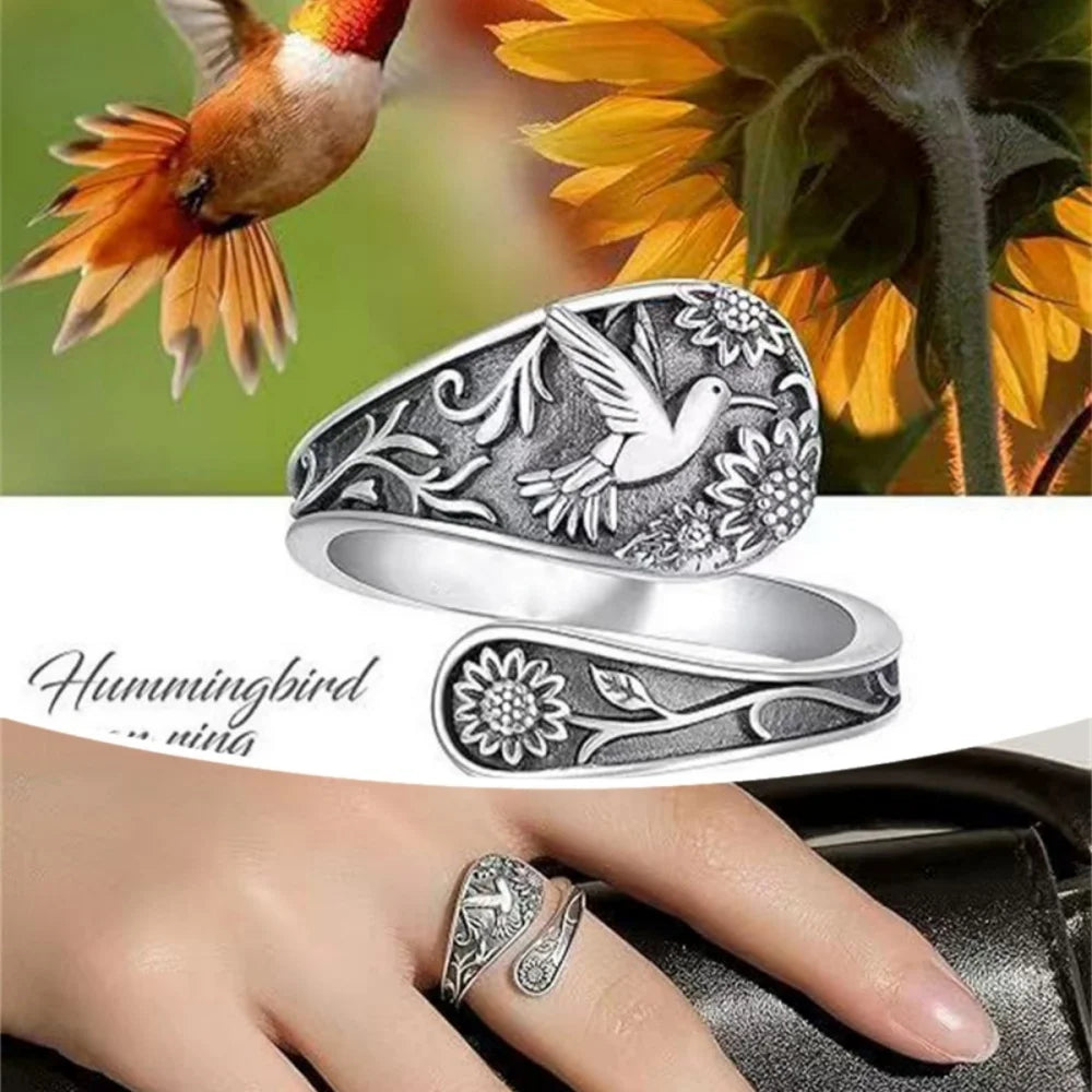 Hummingbird Sunflower Pattern Ring Bird Open Ring for Women Men Sterling Silver Adjustable Rings Party Wedding Jewelry Gifts