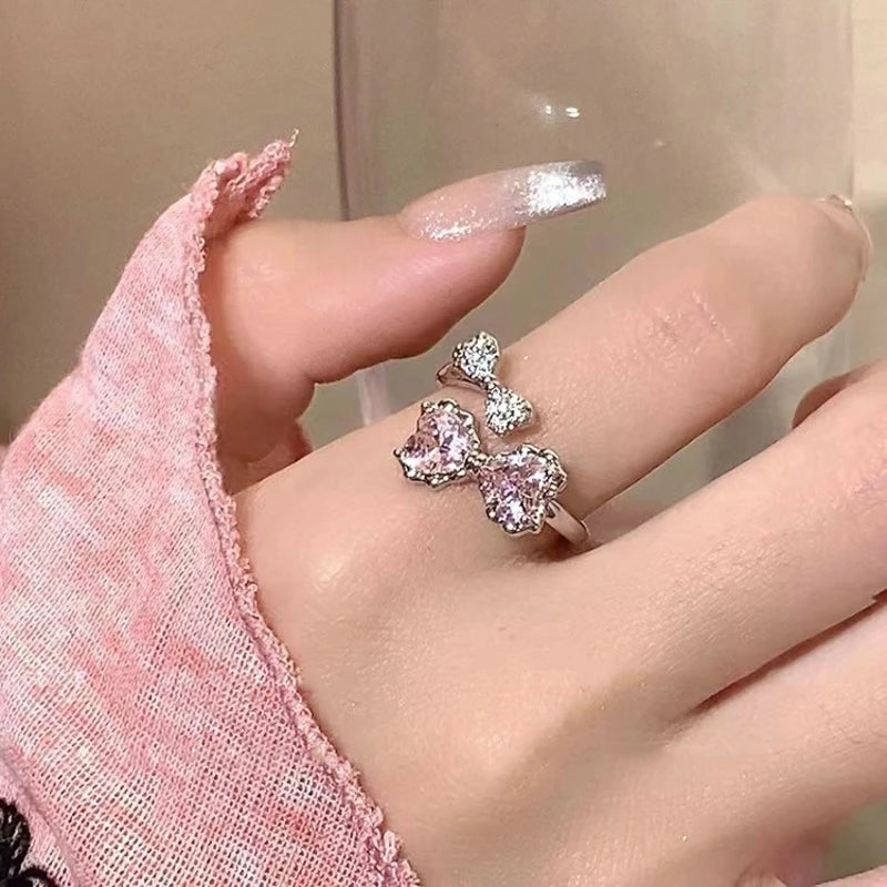 Korean Fashion Exquisite Purple Zircon Heart Star Ring Y2K Girls Pink Crystal Bow Knot Ring Women Party Dating Jewelry Gifts