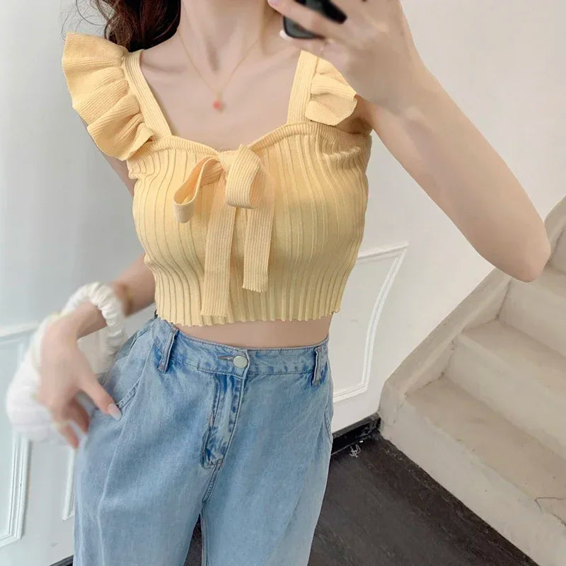 ELASTIC WAIST RUFFLE KNITED TANK TOP