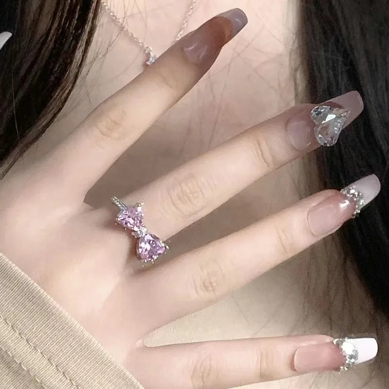 Korean Fashion Exquisite Purple Zircon Heart Star Ring Y2K Girls Pink Crystal Bow Knot Ring Women Party Dating Jewelry Gifts
