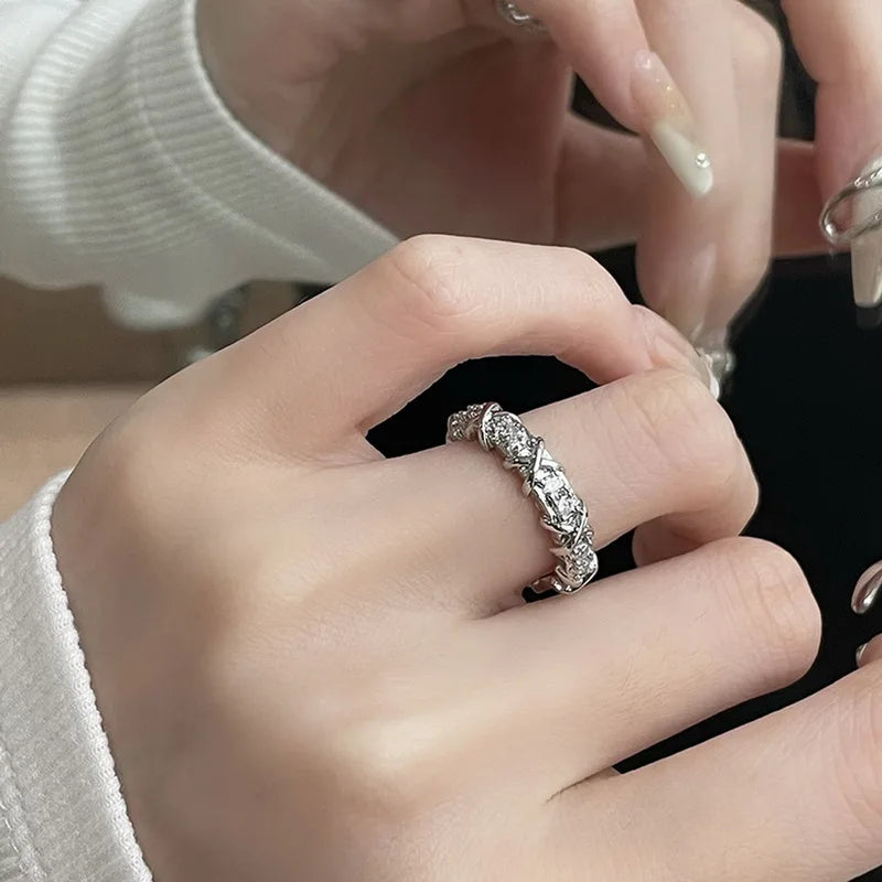 Korean Fashion Exquisite Purple Zircon Heart Star Ring Y2K Girls Pink Crystal Bow Knot Ring Women Party Dating Jewelry Gifts