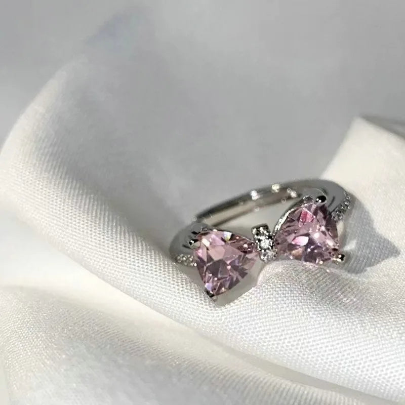 Korean Fashion Exquisite Purple Zircon Heart Star Ring Y2K Girls Pink Crystal Bow Knot Ring Women Party Dating Jewelry Gifts