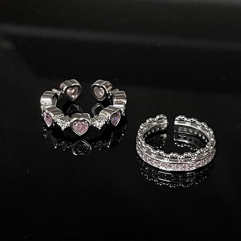 Fashion Romantic Sweet Zircon Crystal Bow Knot Rings Y2K Girls Women Delicate Lovely Blue Pink Heart Ring Party Dating Jewelry