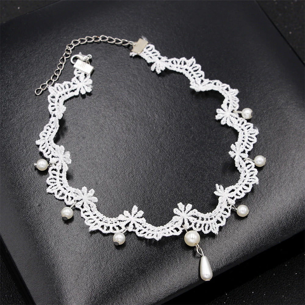 White Lace Pearl Collar Necklace For Women Girl Elegant Sweet Lace Choker Necklace Kpop Neck Jewelry Accessories Gift