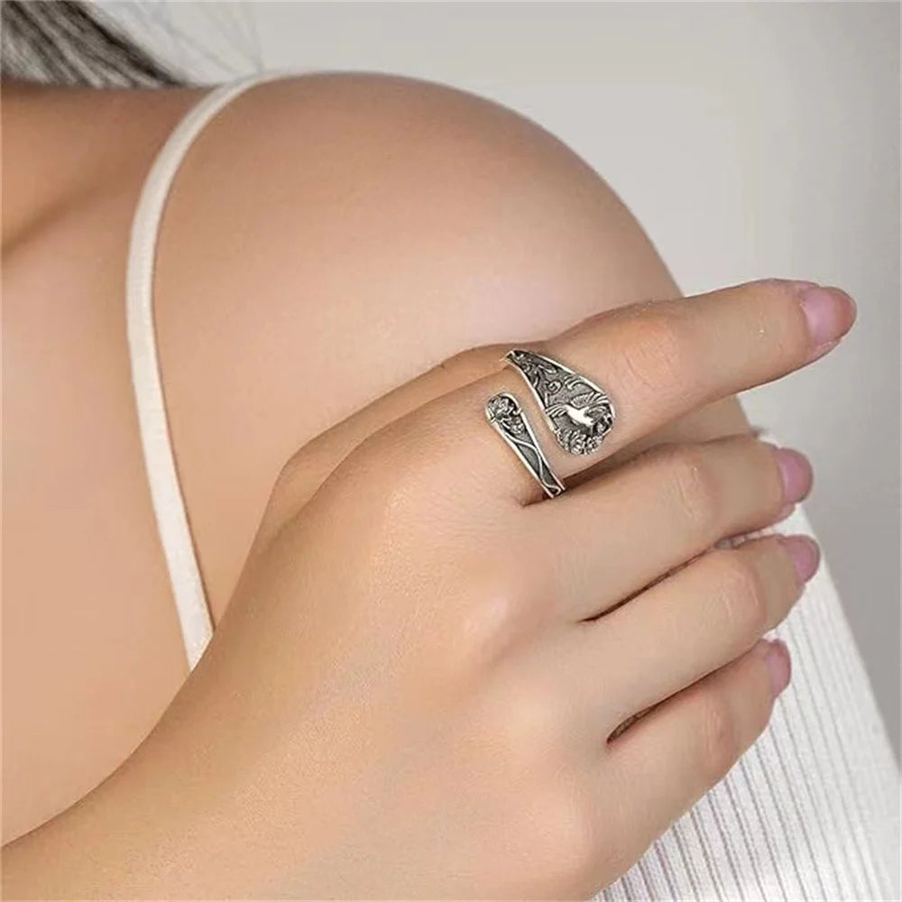 Hummingbird Sunflower Pattern Ring Bird Open Ring for Women Men Sterling Silver Adjustable Rings Party Wedding Jewelry Gifts