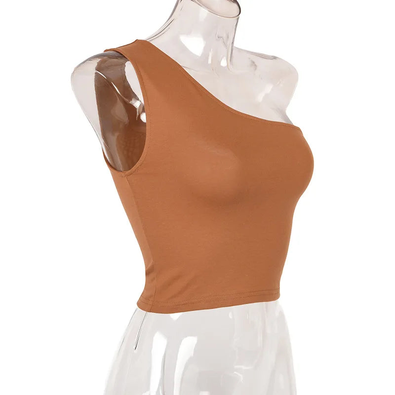 ONE SHOULDER ELASTIC FITNESS TANK TOP
