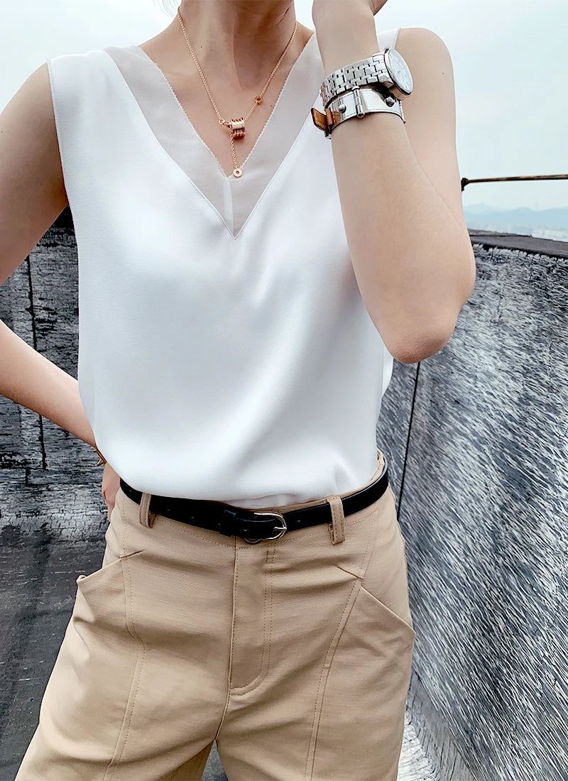 CHIFFON TUNIC SATIN SILK BLOUSE