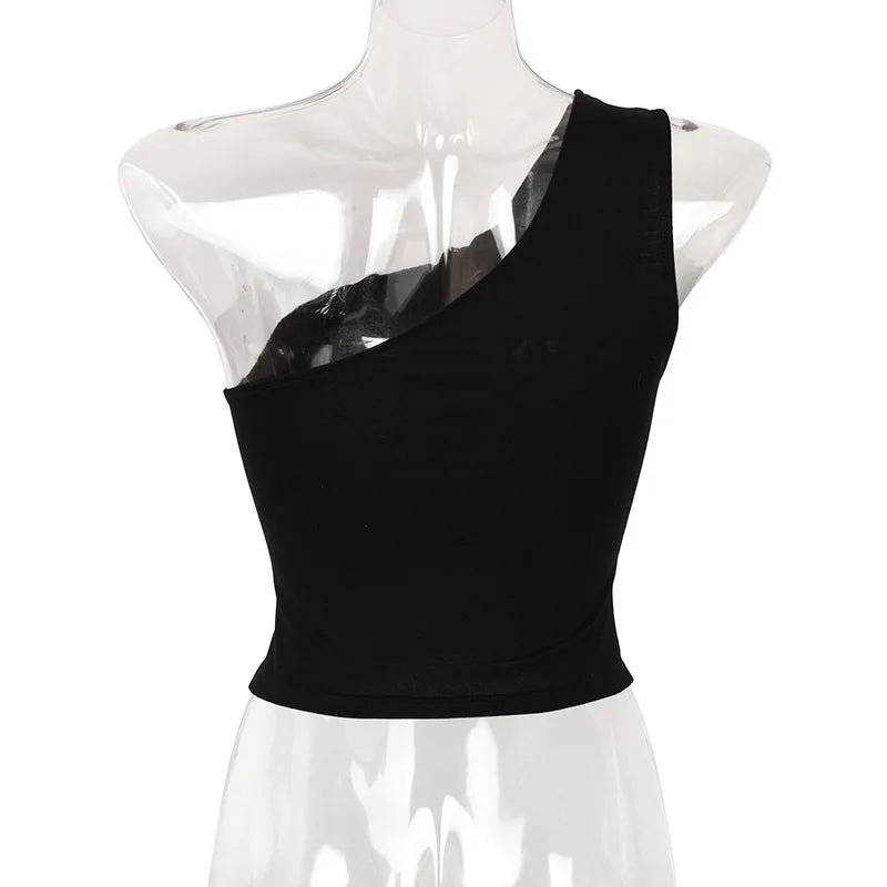 ONE SHOULDER ELASTIC FITNESS TANK TOP