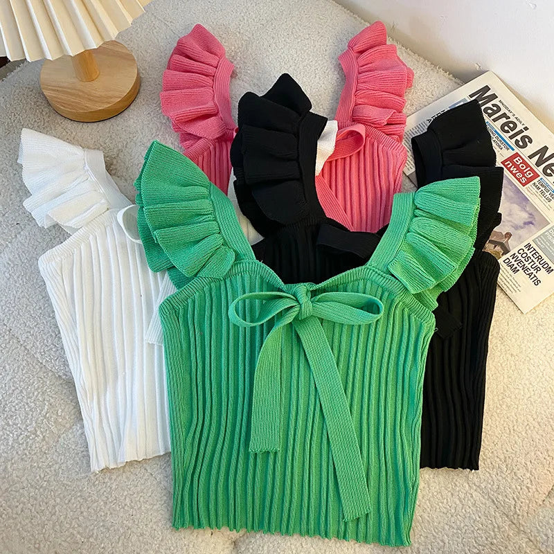 ELASTIC WAIST RUFFLE KNITED TANK TOP