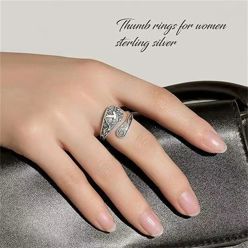 Hummingbird Sunflower Pattern Ring Bird Open Ring for Women Men Sterling Silver Adjustable Rings Party Wedding Jewelry Gifts