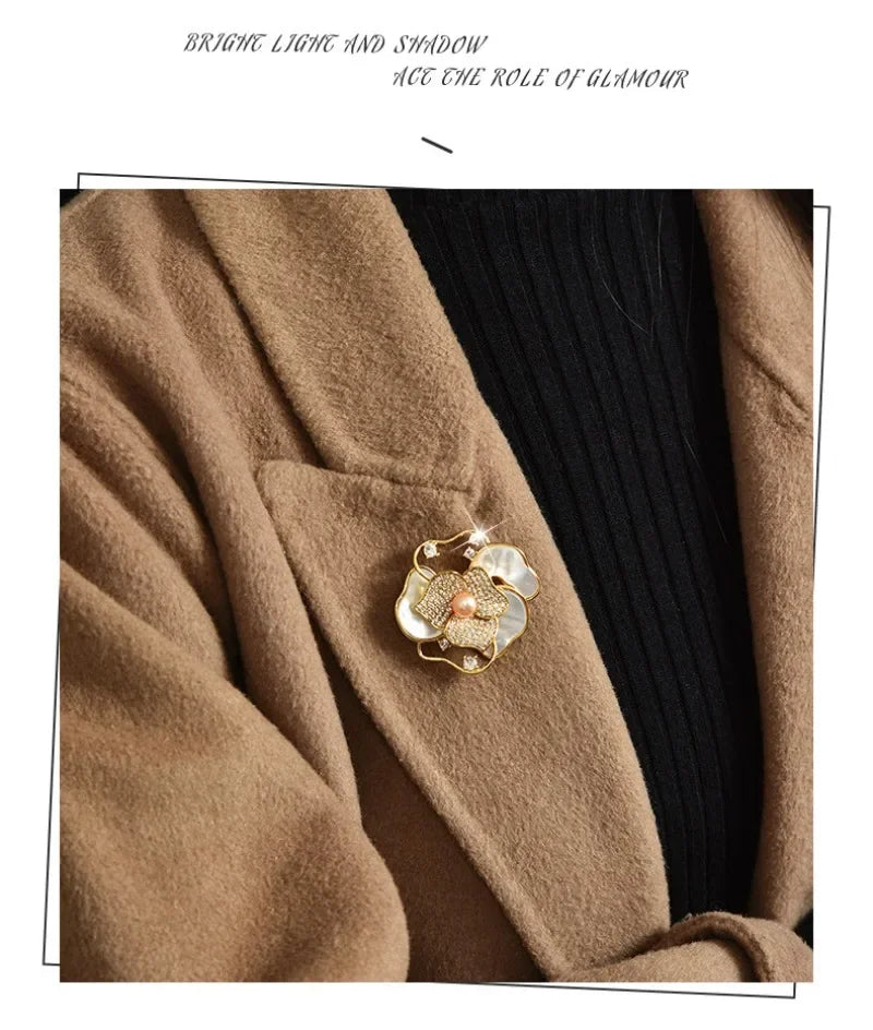 Women with long necklaces and camellias and roses, sweater chains and brooches, fashionable clothing necklaces, retro necklaces