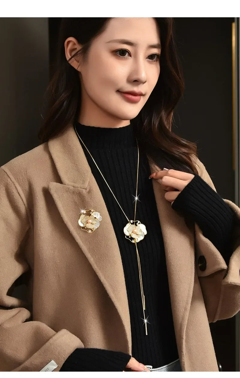 Women with long necklaces and camellias and roses, sweater chains and brooches, fashionable clothing necklaces, retro necklaces