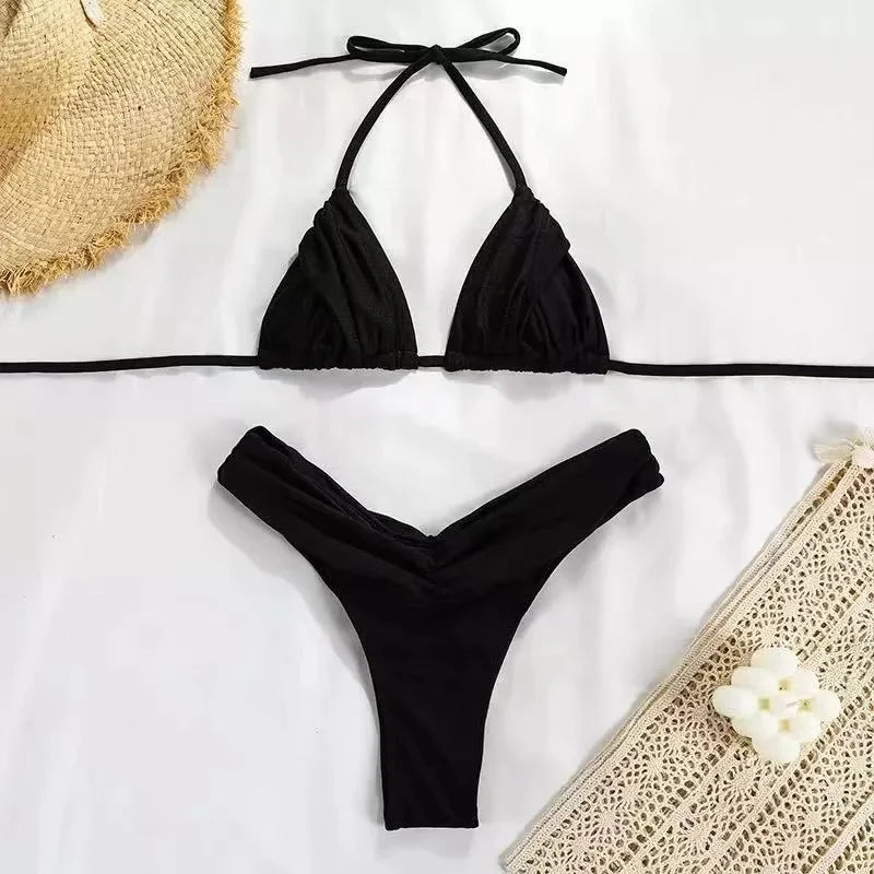 HALTER PLEATED TRIANGLE SWIMWEAR