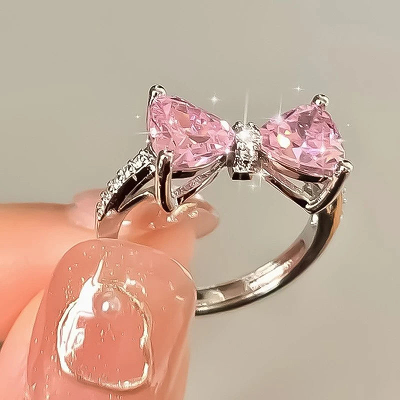 Fashion Romantic Sweet Zircon Crystal Bow Knot Rings Y2K Girls Women Delicate Lovely Blue Pink Heart Ring Party Dating Jewelry
