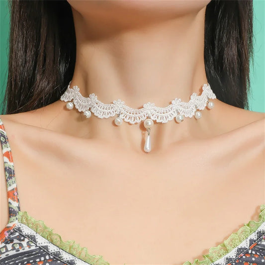 White Lace Pearl Collar Necklace For Women Girl Elegant Sweet Lace Choker Necklace Kpop Neck Jewelry Accessories Gift