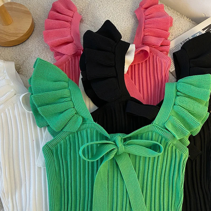 ELASTIC WAIST RUFFLE KNITED TANK TOP