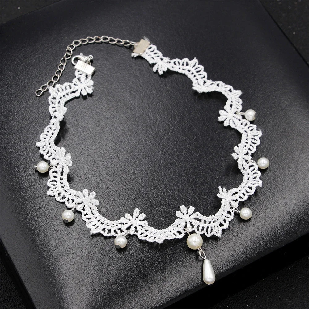 White Lace Pearl Collar Necklace For Women Girl Elegant Sweet Lace Choker Necklace Kpop Neck Jewelry Accessories Gift