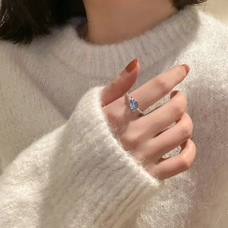 Fashion Romantic Sweet Zircon Crystal Bow Knot Rings Y2K Girls Women Delicate Lovely Blue Pink Heart Ring Party Dating Jewelry