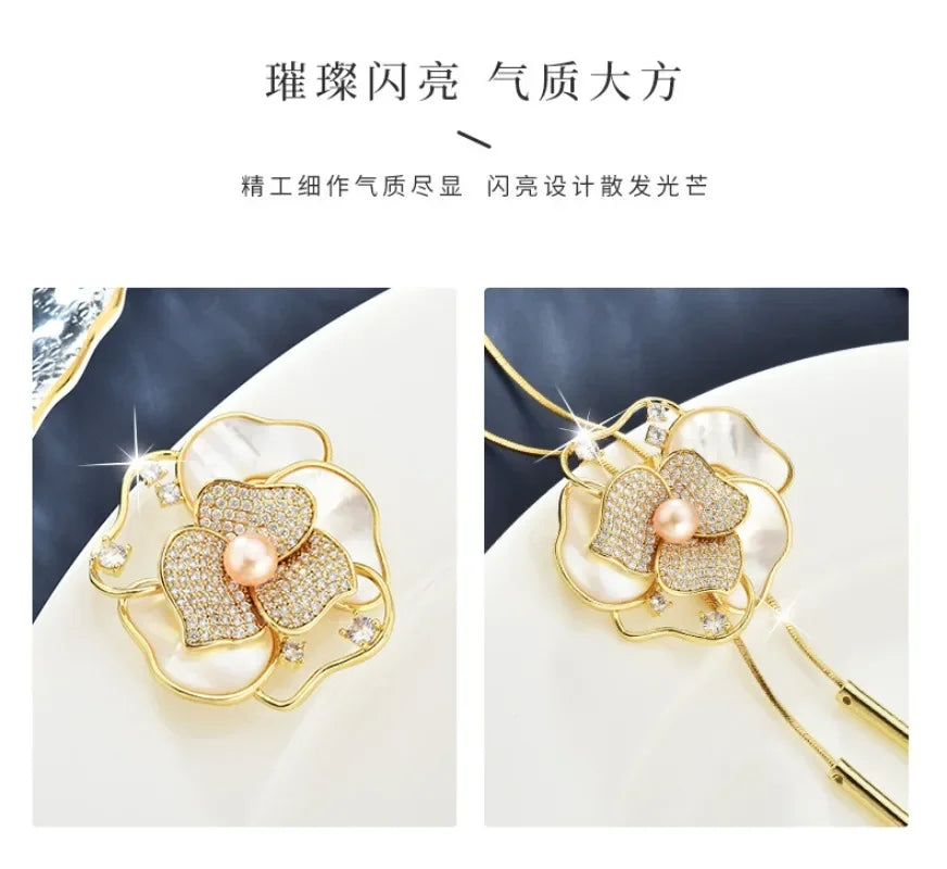 Women with long necklaces and camellias and roses, sweater chains and brooches, fashionable clothing necklaces, retro necklaces