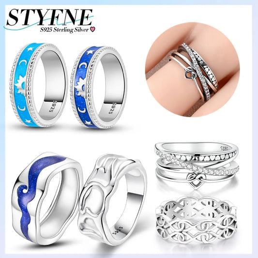 Sterling Silver 925 Star Moon Sun Liquid Galaxy Heart Ring Geometric Lines Ring for Women's High-end Fine Jewelry Wedding Gift