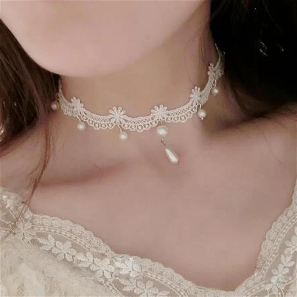 White Lace Pearl Collar Necklace For Women Girl Elegant Sweet Lace Choker Necklace Kpop Neck Jewelry Accessories Gift