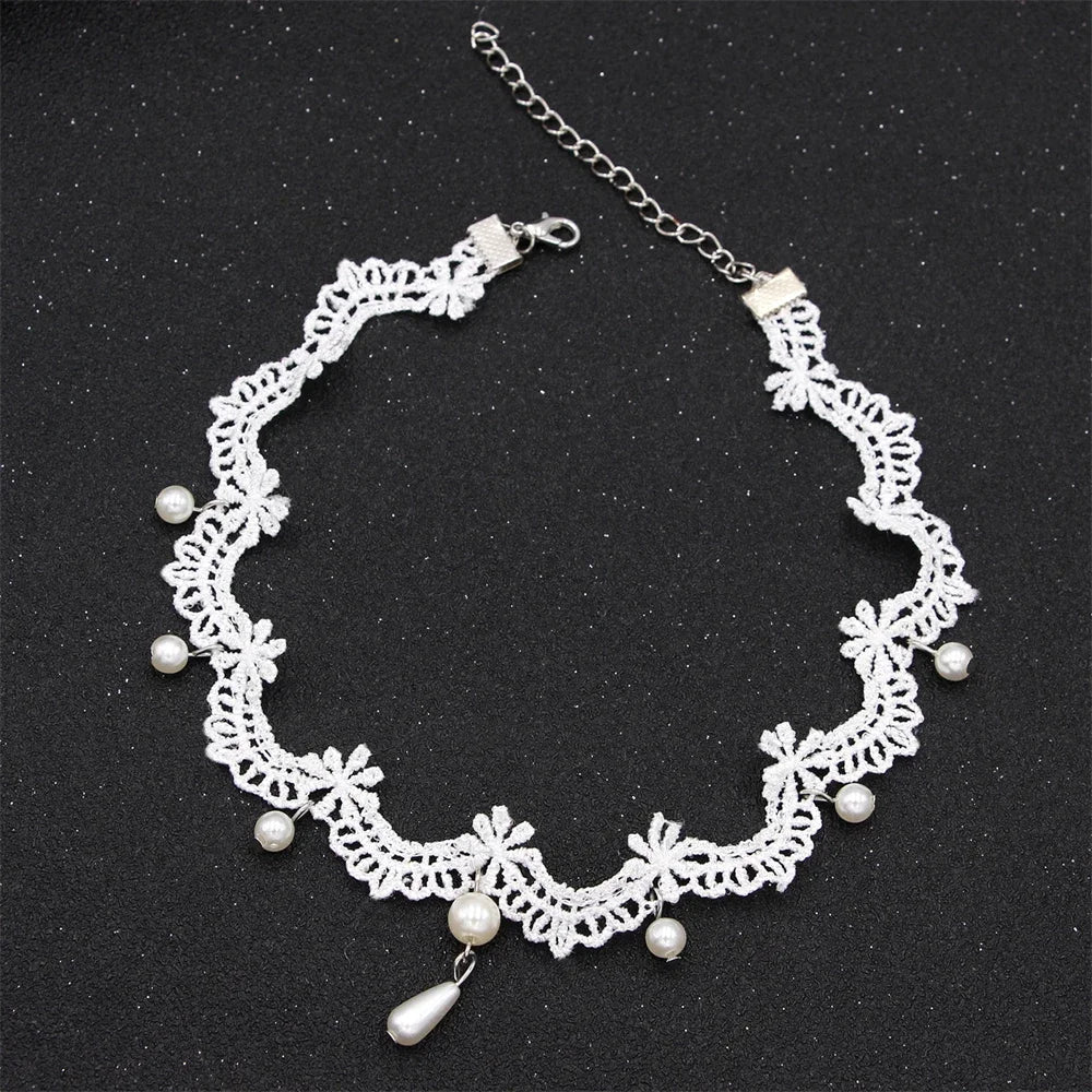White Lace Pearl Collar Necklace For Women Girl Elegant Sweet Lace Choker Necklace Kpop Neck Jewelry Accessories Gift