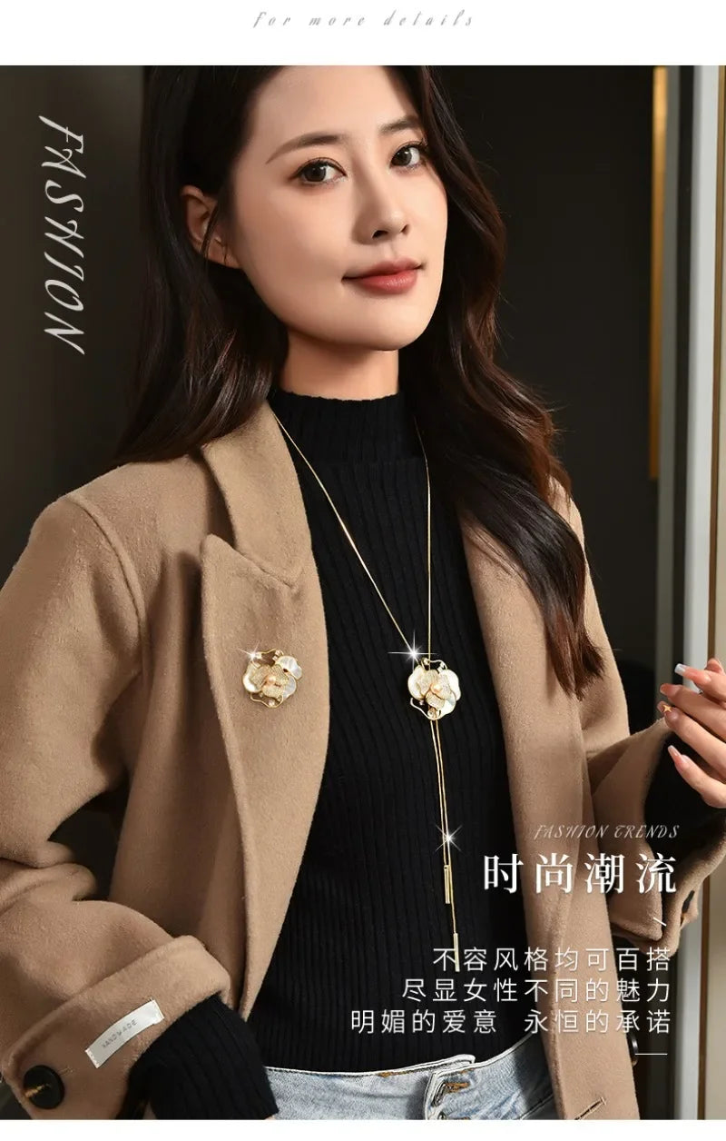 Women with long necklaces and camellias and roses, sweater chains and brooches, fashionable clothing necklaces, retro necklaces