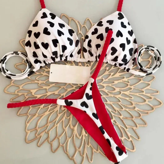 CUTE HEART PRINT THONG BIKINI