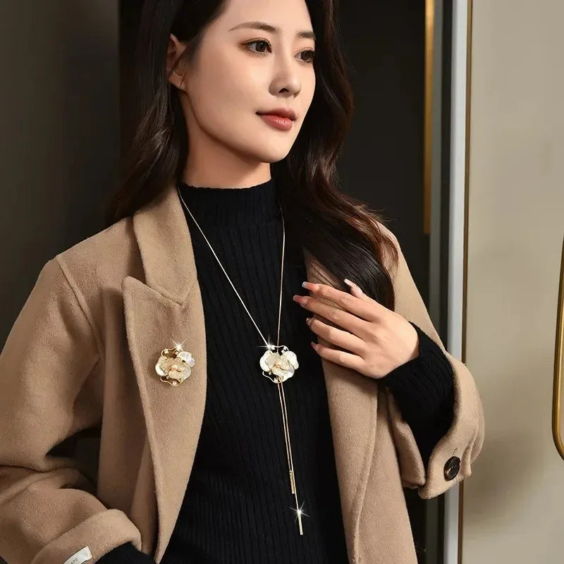 Women with long necklaces and camellias and roses, sweater chains and brooches, fashionable clothing necklaces, retro necklaces