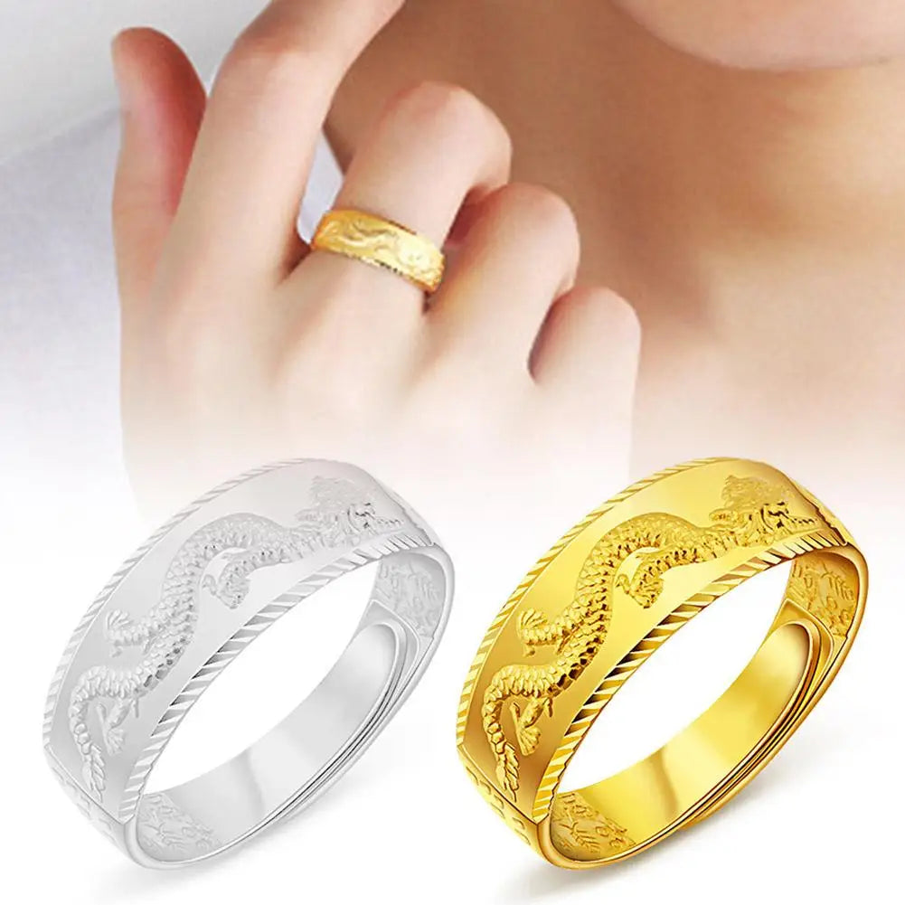 24k Gold for Man Luxury Engraving Dragon Adjustable Fashion Jewelry Male Two Color Yellow/White Gold Finger Gift C2S3