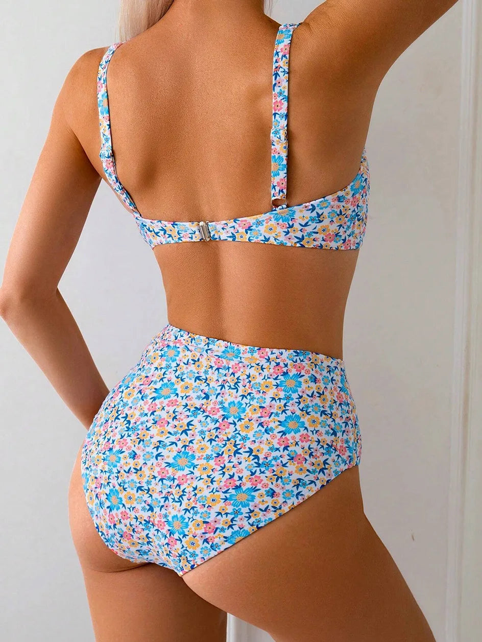 FLORAL PRINT HIGH WAISTED TWO PIECE BEACHWEAR