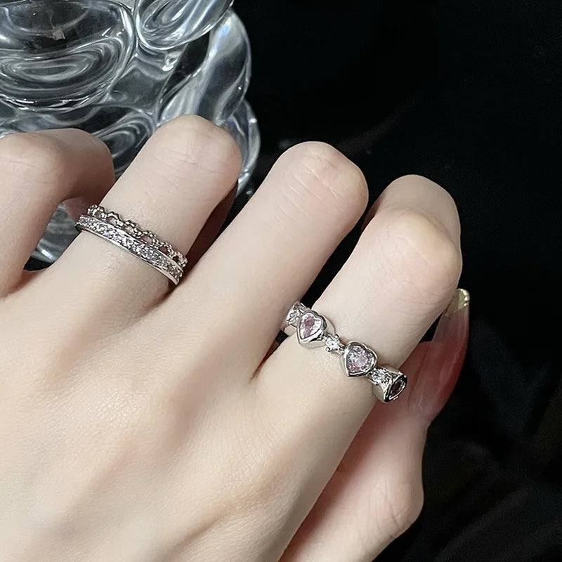 Fashion Romantic Sweet Zircon Crystal Bow Knot Rings Y2K Girls Women Delicate Lovely Blue Pink Heart Ring Party Dating Jewelry