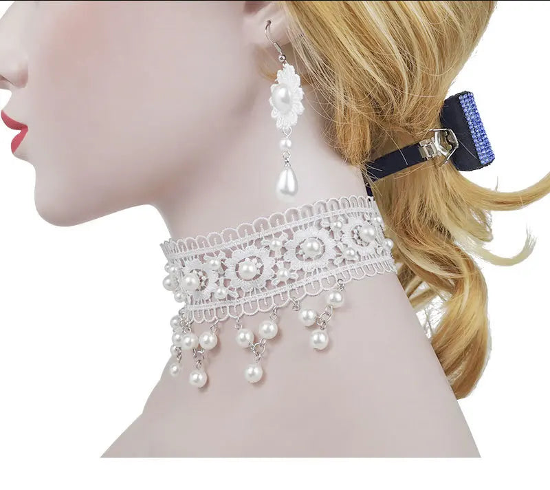 White Necklace Pearl Lace Women Fashion Necklace Earrings lolita Accessories