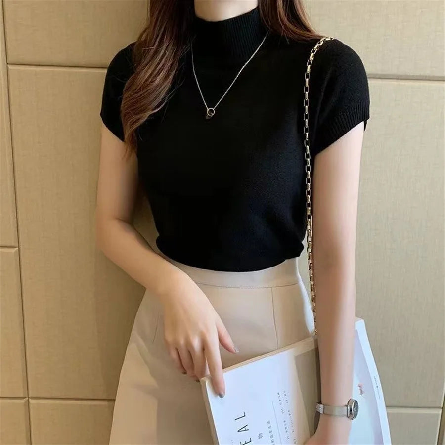 TURTLE NECK KNITED SHORT SLEEVE TOP