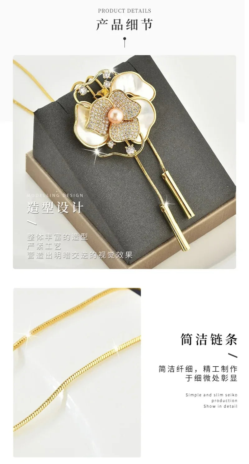 Women with long necklaces and camellias and roses, sweater chains and brooches, fashionable clothing necklaces, retro necklaces