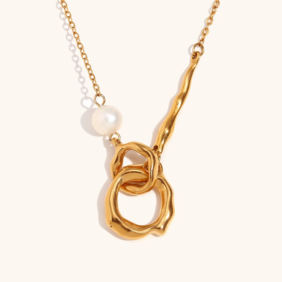 La.Muses Unique Liquid Circle Freshwater Pearl Left And Right Asymmetric Chain Necklaces For Women Stainless Steel Jewelry