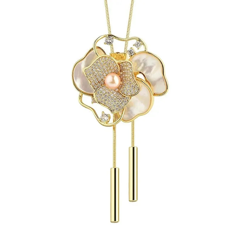 Women with long necklaces and camellias and roses, sweater chains and brooches, fashionable clothing necklaces, retro necklaces