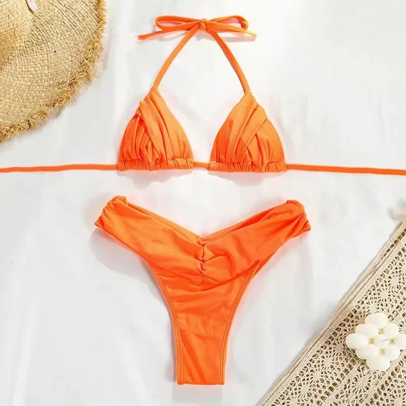 HALTER PLEATED TRIANGLE SWIMWEAR
