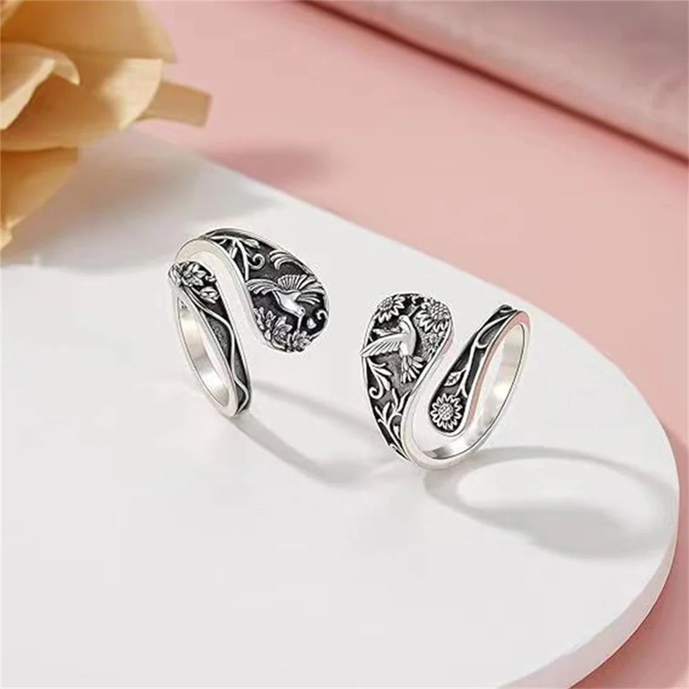 Hummingbird Sunflower Pattern Ring Bird Open Ring for Women Men Sterling Silver Adjustable Rings Party Wedding Jewelry Gifts