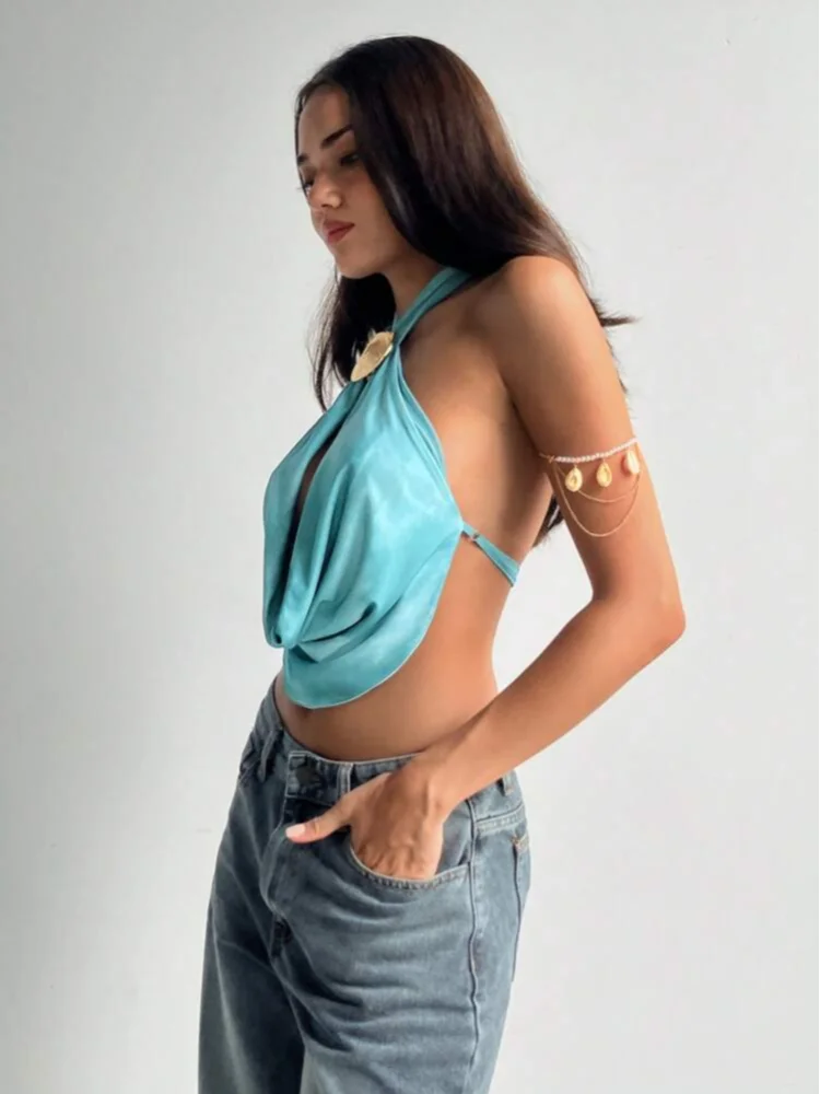 BLUE HALTER VESTIDOS CHIC SHELL FANSCY TOP