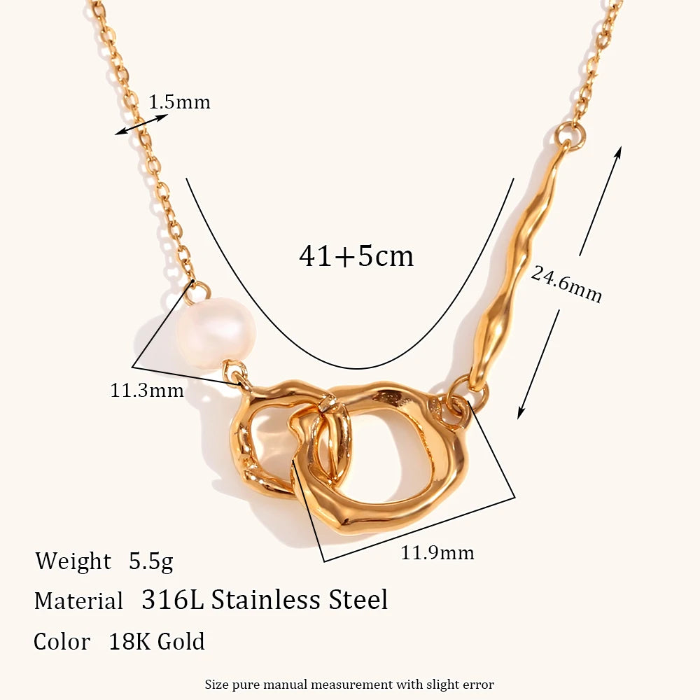 La.Muses Unique Liquid Circle Freshwater Pearl Left And Right Asymmetric Chain Necklaces For Women Stainless Steel Jewelry