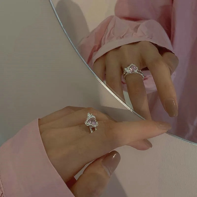 Korean Fashion Exquisite Purple Zircon Heart Star Ring Y2K Girls Pink Crystal Bow Knot Ring Women Party Dating Jewelry Gifts