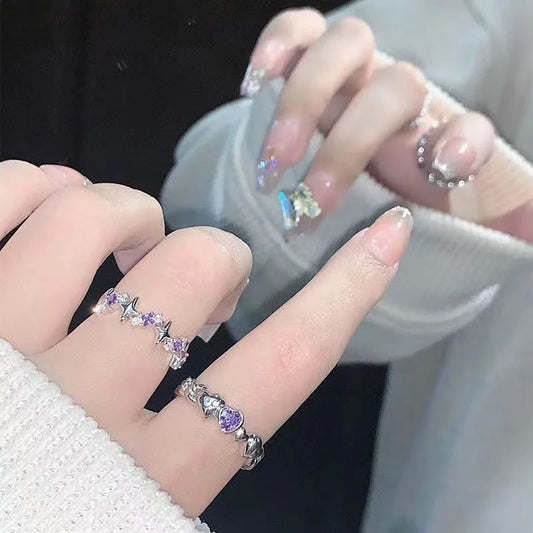 Korean Fashion Exquisite Purple Zircon Heart Star Ring Y2K Girls Pink Crystal Bow Knot Ring Women Party Dating Jewelry Gifts