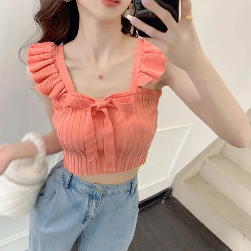 ELASTIC WAIST RUFFLE KNITED TANK TOP