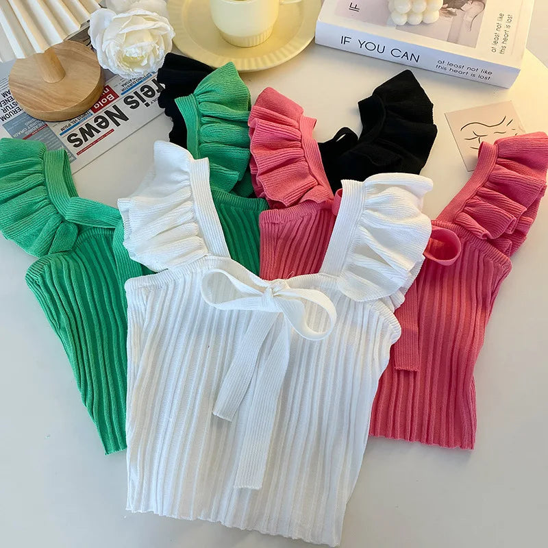 ELASTIC WAIST RUFFLE KNITED TANK TOP