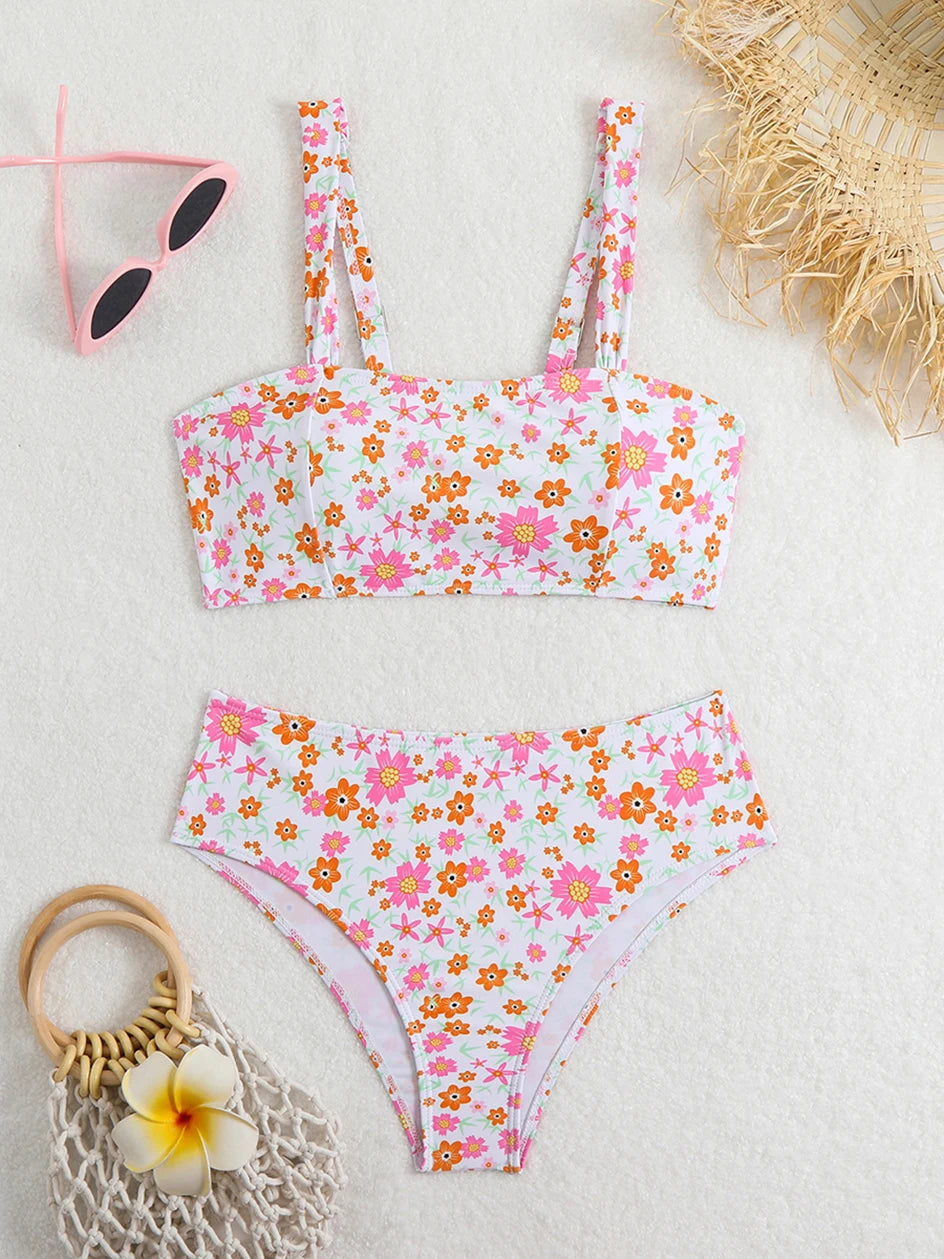 FLORAL PRINT HIGH WAISTED TWO PIECE BEACHWEAR
